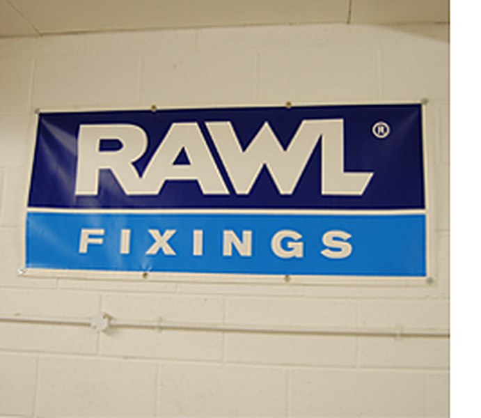 RAWL Fixings banner inside the Farsley Fasteners warehouse